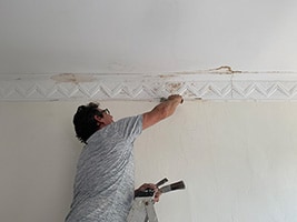 inspecting peeling paint on the ceiling